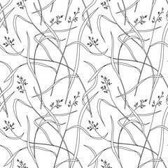 Line art meadow grass seamless pattern. Black contour, white background vector graphic. Beautiful retro design for lawn seed packaging, eco bag textile prints; border, frame for product label. - 592558697