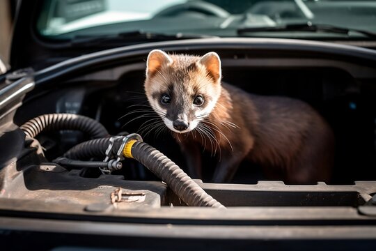 Marder im Motorraum eines Autos mit Kabeln und Schl&auml;uchen