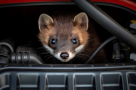 Marder im Motorraum eines Autos mit Kabeln und Schl&auml;uchen