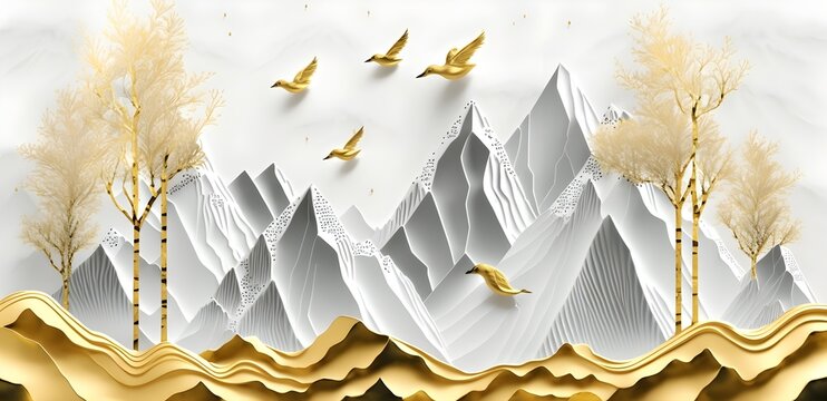 3d modern Landscape art mural wallpaper with christmas tree, golden lines, and mountain and birds in white marble background