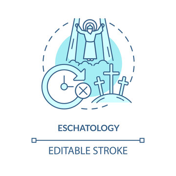 Eschatology turquoise concept icon. Study of human destiny end. Christian belief abstract idea thin line illustration. Isolated outline drawing. Editable stroke. Arial, Myriad Pro-Bold fonts used