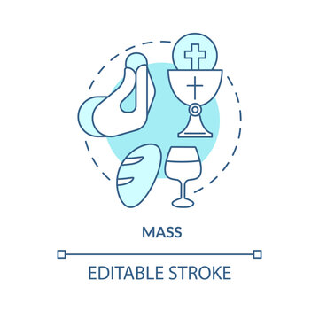 Mass turquoise concept icon. Sacramental ritual in church. Religious practice abstract idea thin line illustration. Isolated outline drawing. Editable stroke. Arial, Myriad Pro-Bold fonts used