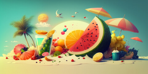  colorful illustration of fruit and drinks on a beach.Generative AI