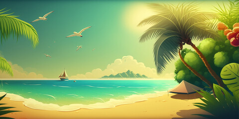  beach scene with a palm tree and a beach umbrella.Generative AI
