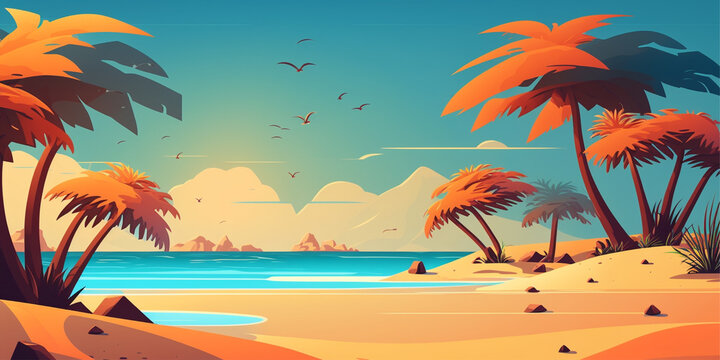  cartoon of a beach with a palm tree on it.Generative AI