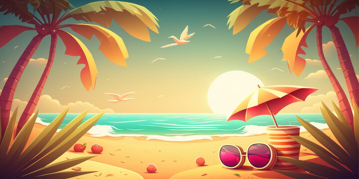  beach scene with a palm tree and sunglasses.Generative AI