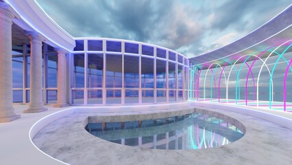 Fototapeta na wymiar Architecture background combining styles of classical, modern and futuristic, concept of different epoch 3d render