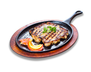 A delicious and beautiful plate of food, including grilled meat, some slices of tomato, lemon and coriander