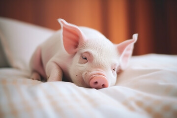 cute pig sleeping on the bed