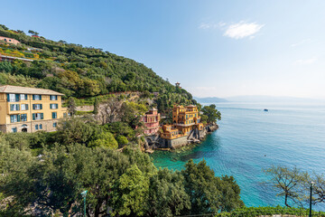 Bay and beach of Paraggi near the Portofino village. Tourist resort in Genoa Province (Genova), Liguria, Italy, Europe. Coast and Mediterranean Sea (Ligurian Sea).