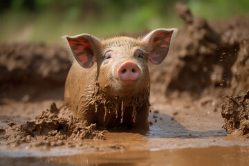 a cute pig is taking a mud bath - Powered by Adobe