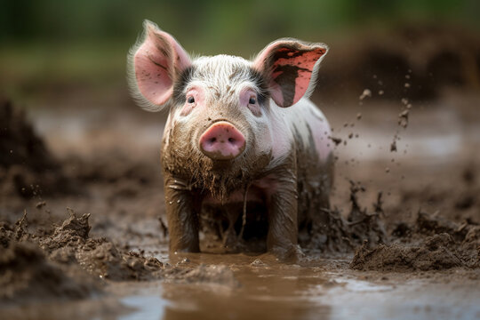 a cute pig is taking a mud bath