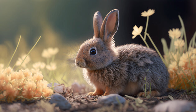 Brown wild rabbit found in meadow, cute wild animal, AI Generative