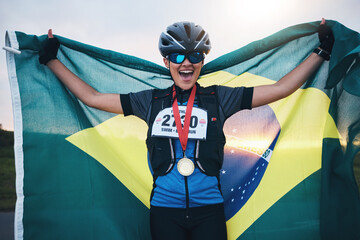 Winner sports, happy woman from brazil with flag and gold medal winning athlete, outdoor cycling...
