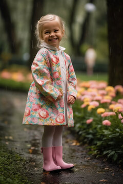 Blonde girl in floral raincoat and pink boots in rainy season, AI Generative