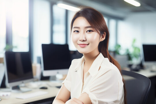 A Smiling young female office worker in white shirt working in an office, AI generative