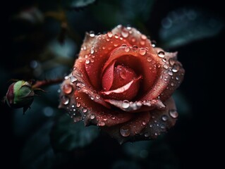 A single rose on a black background with dew drops on the petals