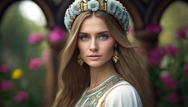 Beautiful Russian female model wearing a flower crown and national ethnic costume, AI Generative