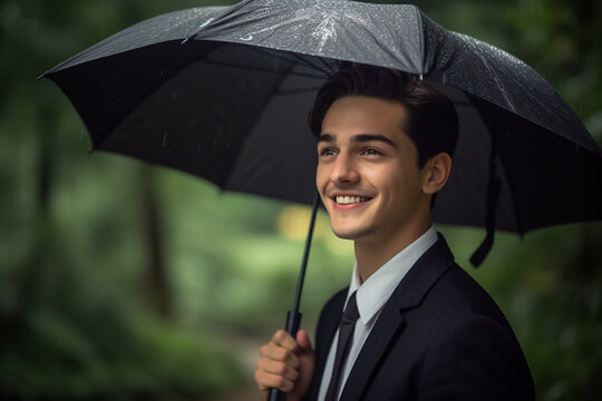 Young American businessman walking in a park with a black umbrella, AI Generative