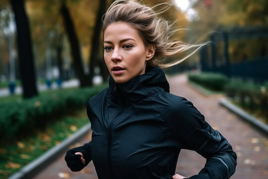 portrait of a young fitness influencer running on a city park in the morning in New York, AI Generative