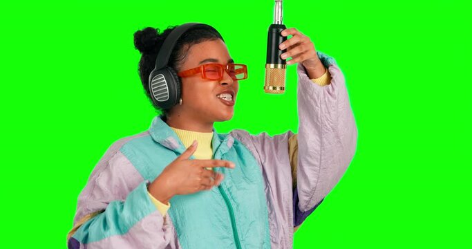 Green screen microphone, music studio and singing woman, radio voice rapper or hip hop singer recording broadcast song. Rap artist headphones, chroma key or gen z female musician on mockup background