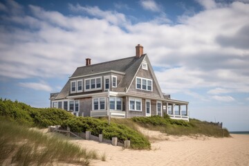 cape cod house exterior, with scenic view of the beach and ocean, created with generative ai