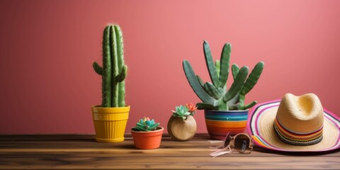 Cinco de Mayo holiday background with Mexican cactus, party sombrero hat and maracas on wooden table