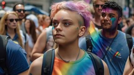 Fototapeta premium Person in the middle of a crowd marching for equal rights