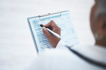 Doctor, hand and clipboard for writing report in clinic with inspection, healthcare paperwork or...
