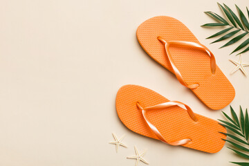 Flat lay composition with flip flops and seashell on colored background. Space for text top view