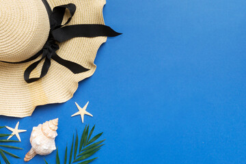 Summer vacation concept flat lay. beach accessories and towel top view. Space for text. travel concept