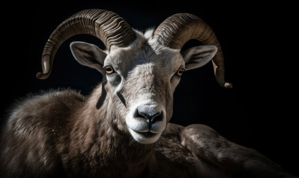 close up photo of Argali on black background. Generative AI