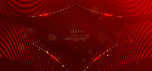 Abstract glowing lines with golden on red background with lighting effect and sparkle.