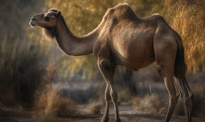 photo of Bactrian camel in its natural habitat. Generative AI