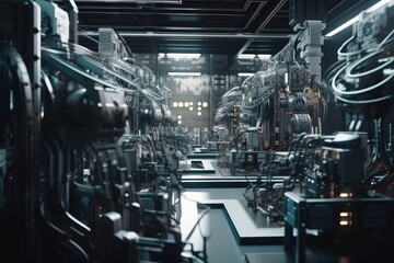 complex assembly line with intricate network of robotic arms and fasteners, building complex mechanical device, created with generative ai - obrazy, fototapety, plakaty