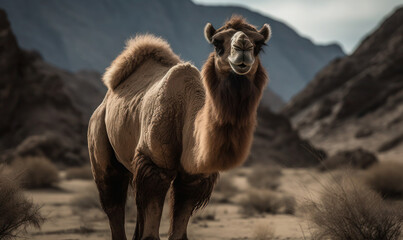 photo of Bactrian camel standing majestically in the vast, arid terrain of the Gobi Desert. Generative AI