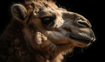 close up photo of Bactrian camel on black background. Generative AI