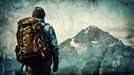 Man with tourist backpack and mountains abstract grunge background. Generative Ai