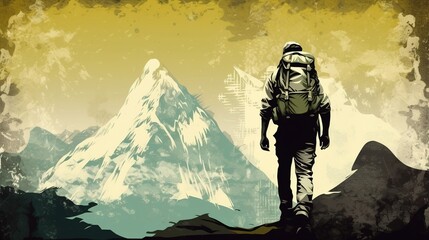 Man with tourist backpack and mountains abstract grunge background. Generative Ai