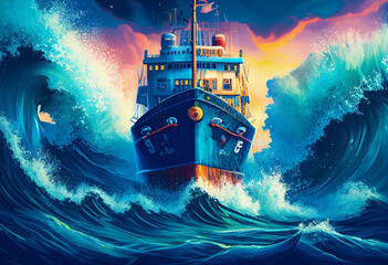 Ship among giant waves in a stormy sea. AI genarated