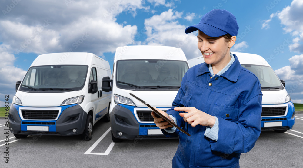 Poster Manager with a digital tablet on the background of vans. Fleet management	