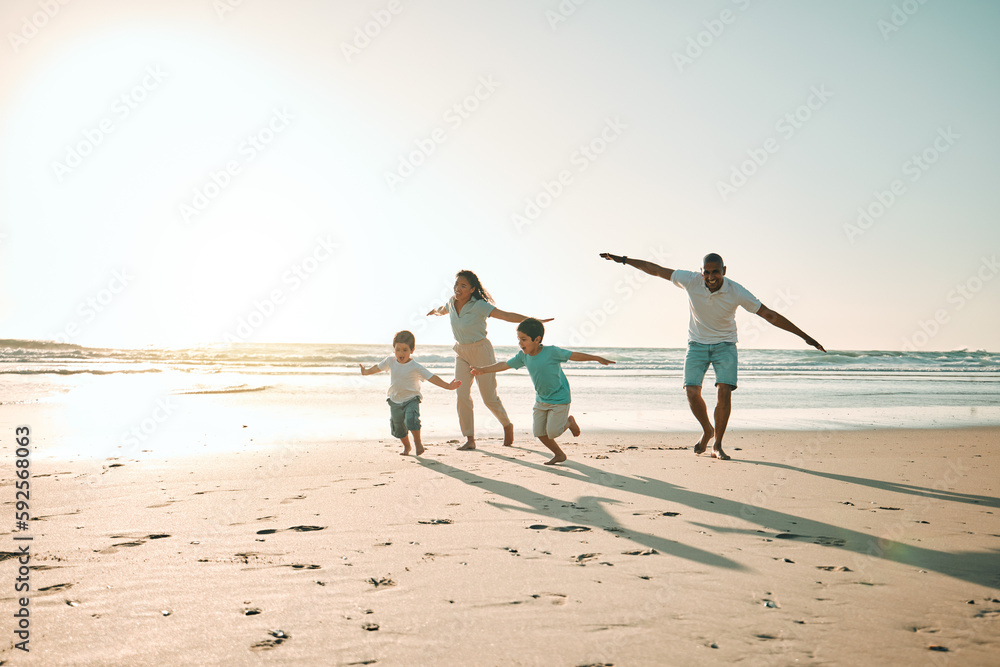 Sticker Beach, run and airplane by family playing, freedom and happy along the ocean on blue sky background. flying, game and children running with parents in Mexico for travel, trip and summer vacation