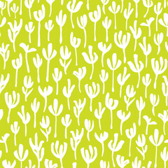 Abstract, simple floral seamless repeat pattern. Vector, scandinavian, botanical all over surface print on lime green background.