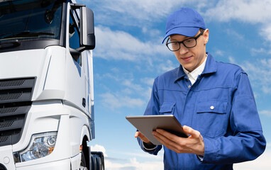 Manager with a digital tablet next to truck. Fleet management	