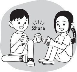 食べ物を分け合う子供　モノクロ