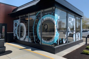 drive-thru window with unique design, featuring custom graphics and branding for a specific business, created with generative ai © primopiano