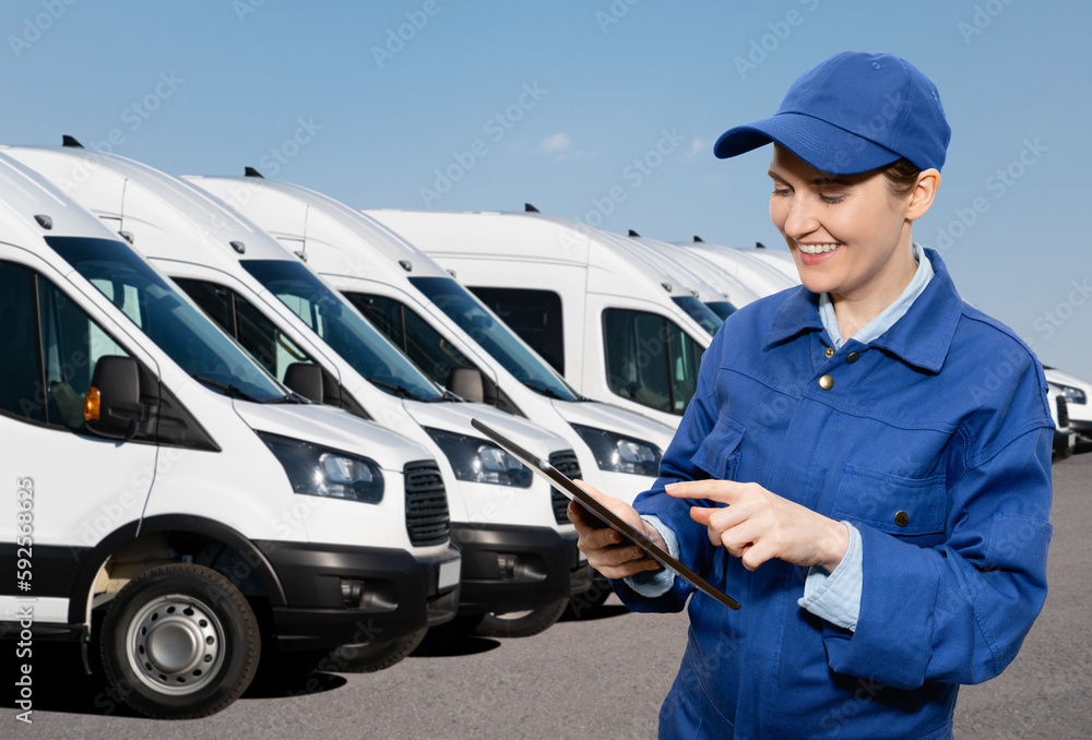 Poster manager with a digital tablet on the background of vans. fleet management
