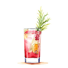 Watercolor red cocktail. Summer refreshing alcoholic drink with grapefruit, ice and rosemary