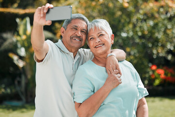 Happy, smiling and a senior couple with a selfie for a memory, social media or profile picture. Smile, affection and an elderly man taking a photo with a woman for memories, retirement or happiness - Powered by Adobe