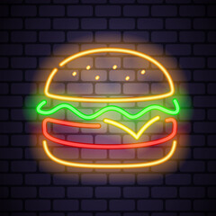 Burger neon icon on dark brick background. Editable stroke and blend.